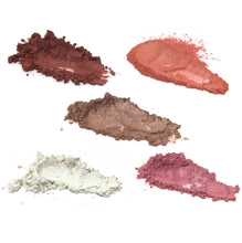 Mica pigment powder set showing five colors including merlot red, warm pink, cool pink, white, and sunset coral