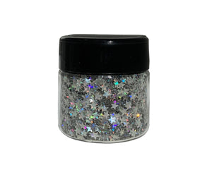 1.5 inch jar of holographic biodegradable star glitter