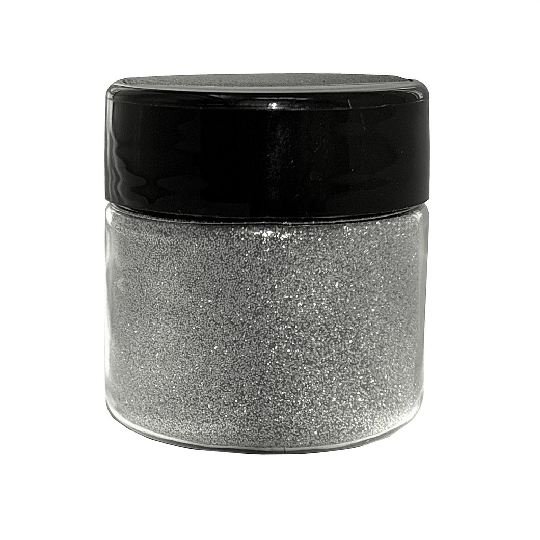Biodegradable Plastic free Fairy Silver ultra fine glitter 0.75oz Jar front view