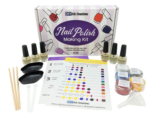 DIY Nail Polish Kit displaying all components including bottles, utensils, pigments, and box