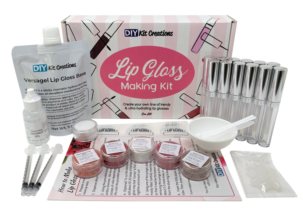 Deluxe DIY Lip Gloss Kit with Versagel base, tubes, pigments, oil in dropper bottle, glitter, labels, syringes, box, instructions, and tools