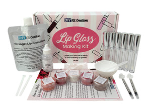 DIY Lip Gloss Kit with Versagel base, tubes, pigments, oil in dropper bottle, syringes, box, instructions, and tools